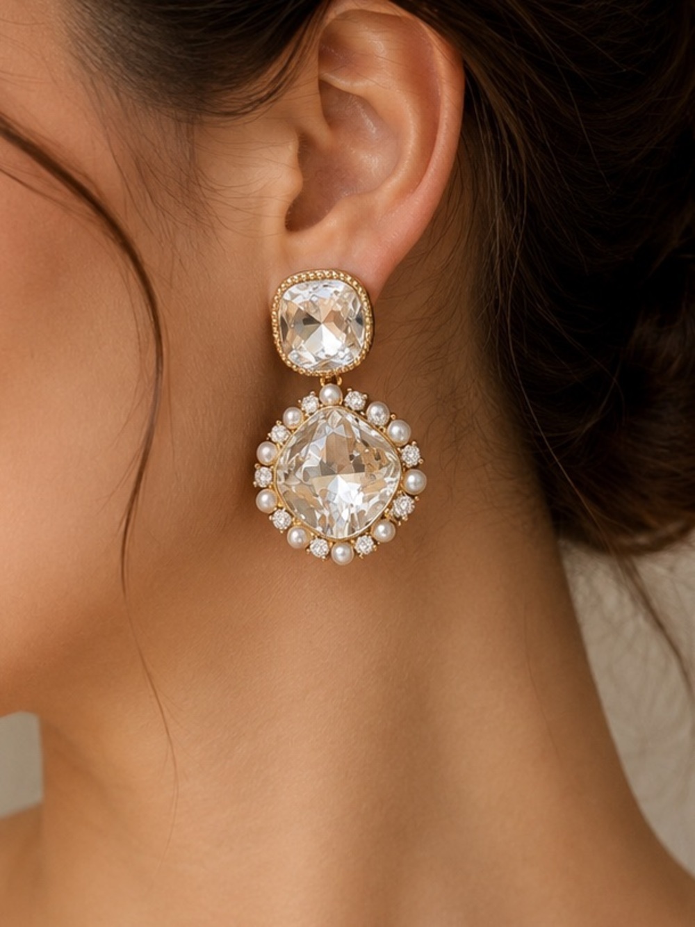 Gold Crystal And Pearl Halo Drop Earrings